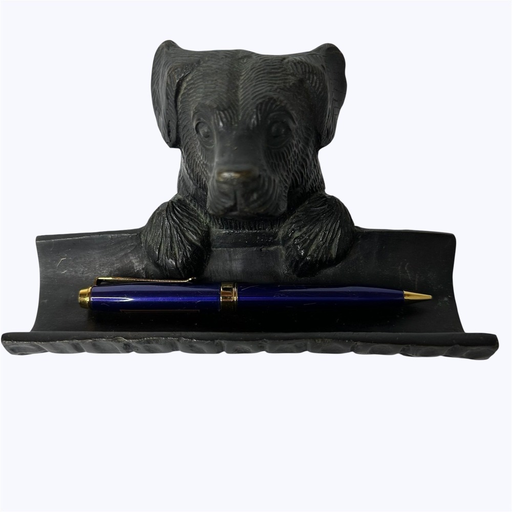 Vtg Cast Metal Labrador Dog Head‎ Pen Rest Business Card Holder Desk Tray Black